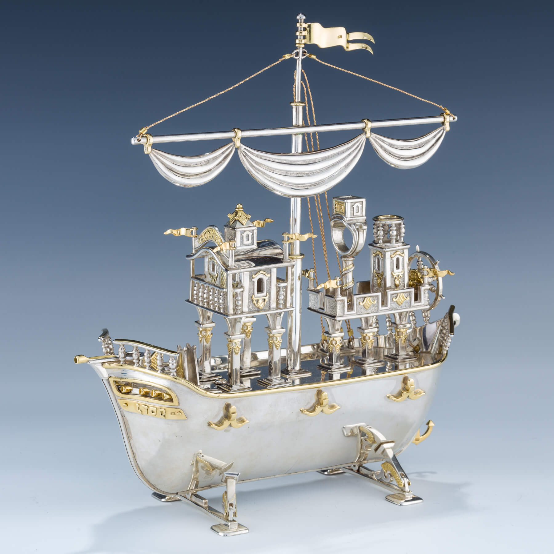 103. A Yossi Swed Partial Gilt Silver Galleon-Form Seder Set And Display Case, 20Th Century