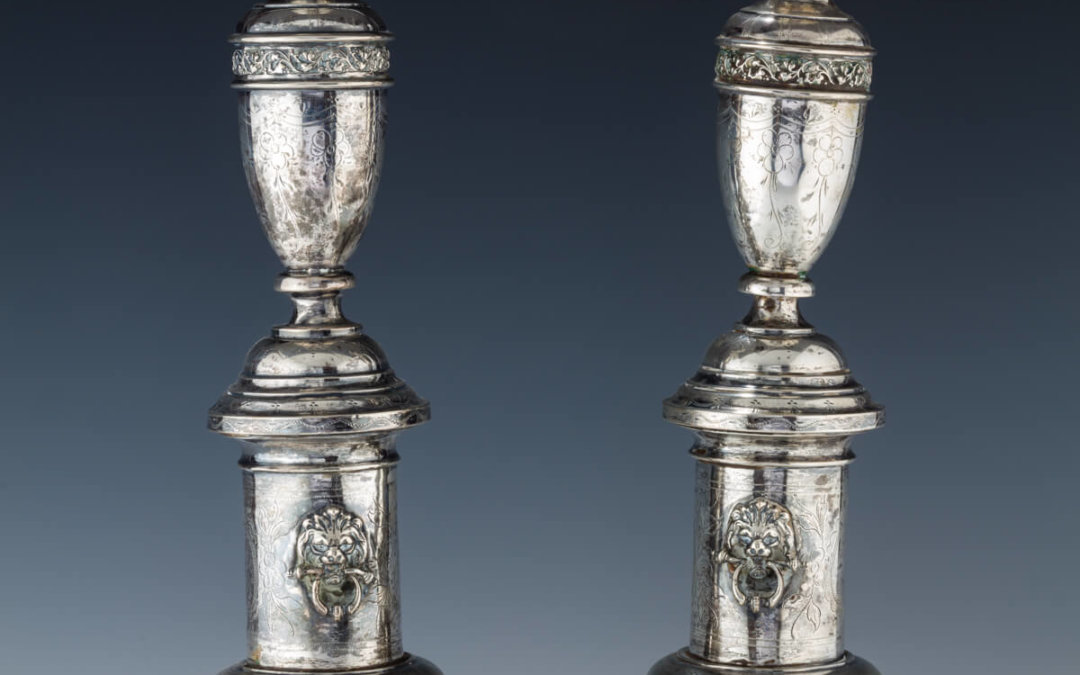 027. A PAIR OF LARGE SILVER CANDLESTICKS