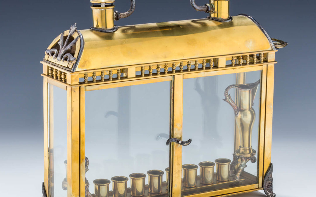 126. A Yossi Swed Silver, Silver-Gilt and Glass Menorah
