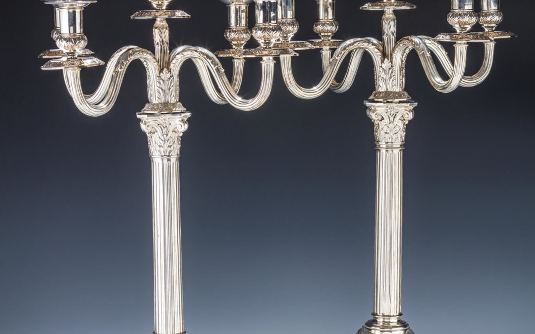 092. A MONUMENTAL PAIR OF SILVER FIVE LIGHT CANDELABRAS BY LAZARUS POSEN