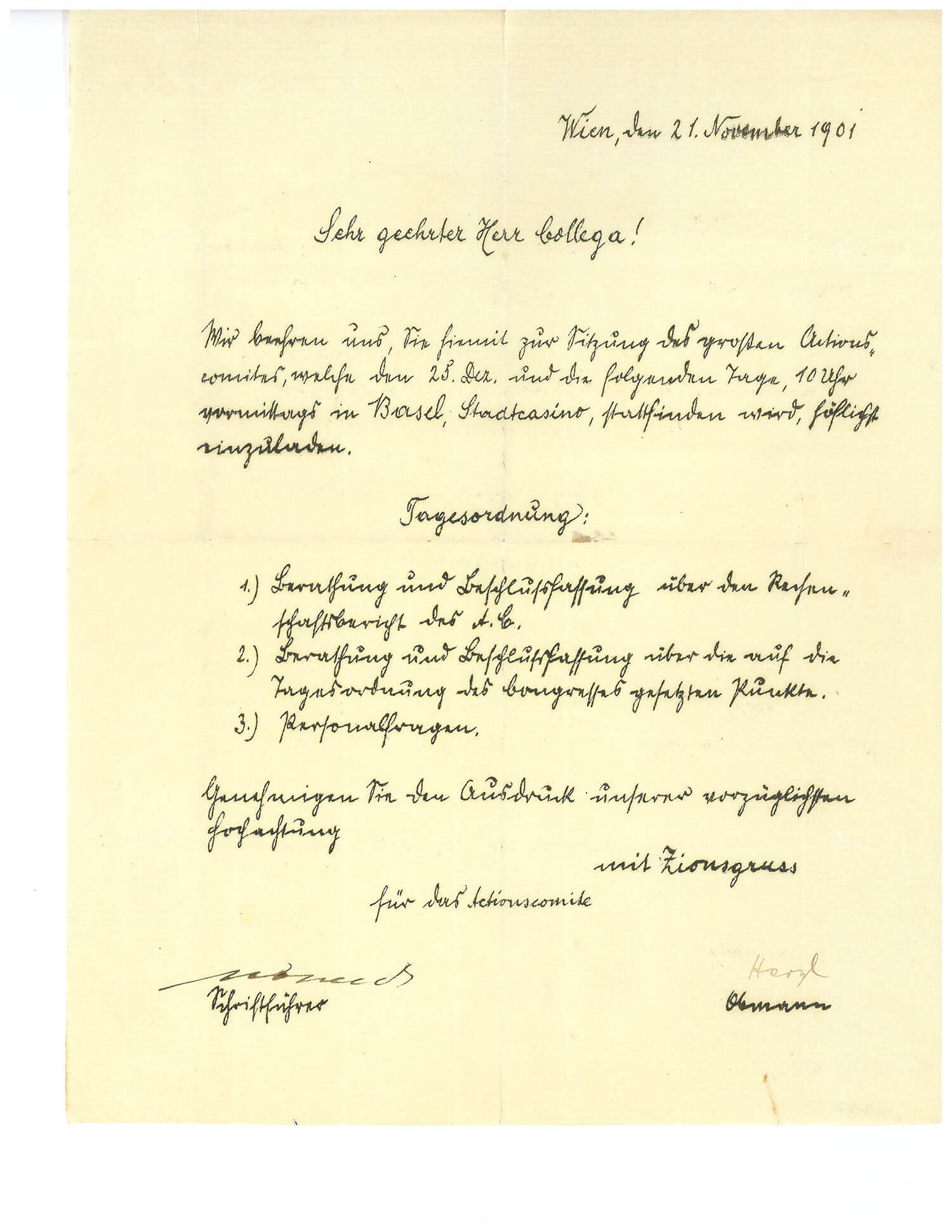 179. A HAND SIGNED INVITATION TO THE GREAT ACTION COMMITTEE BY THEODOR HERZL