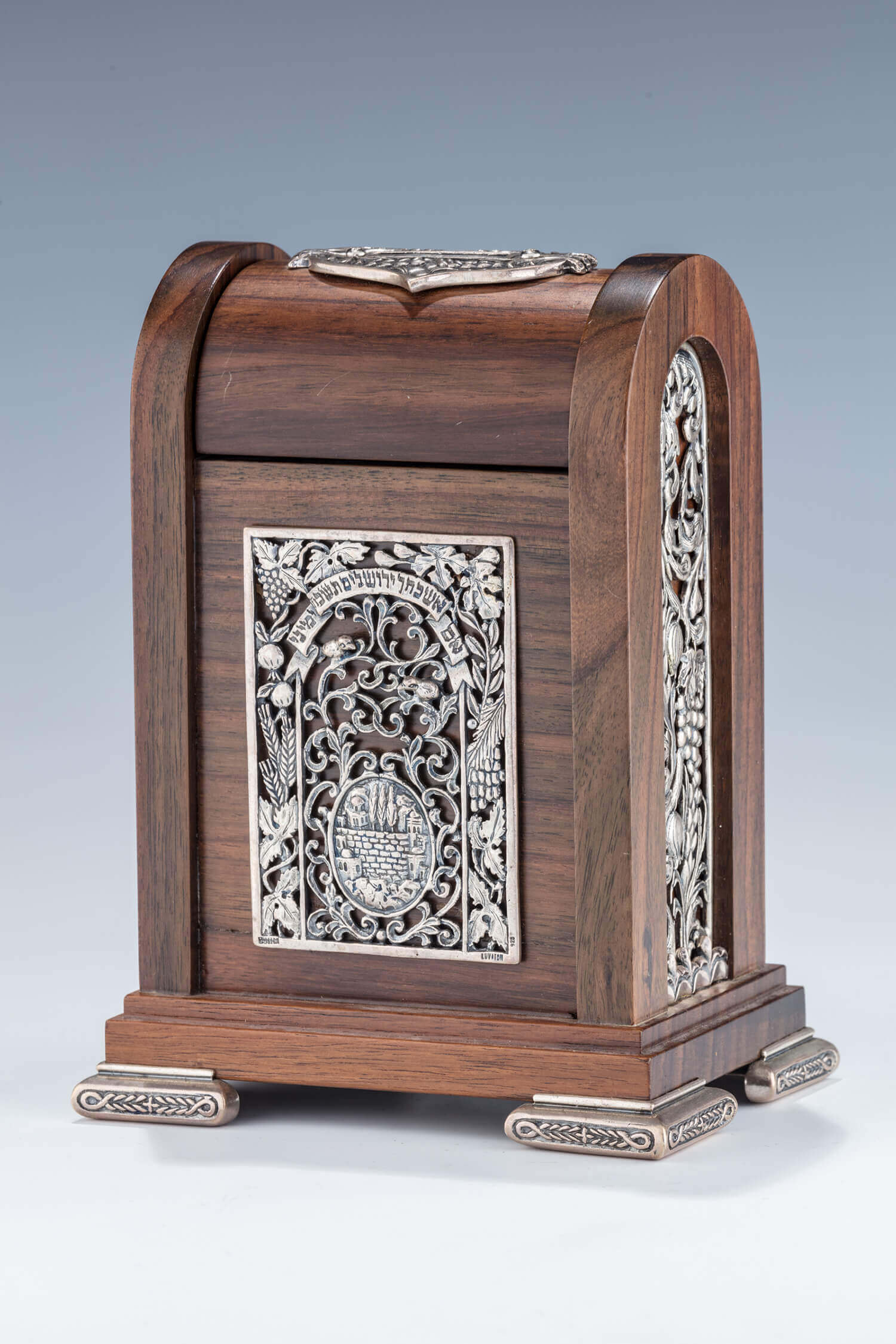 135. A WOODEN AND STERLING CHARITY BOX BY LUVATON