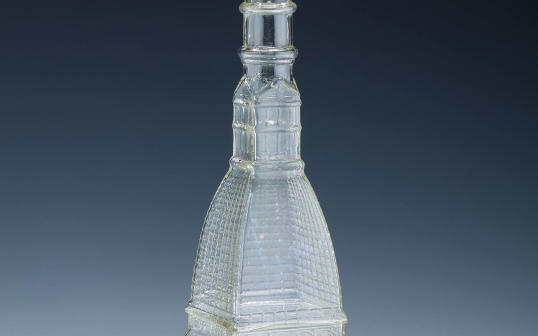 036. A LARGE GLASS WINE BOTTLE IN THE SHAPE OF THE TURIN SYNAGOGUE