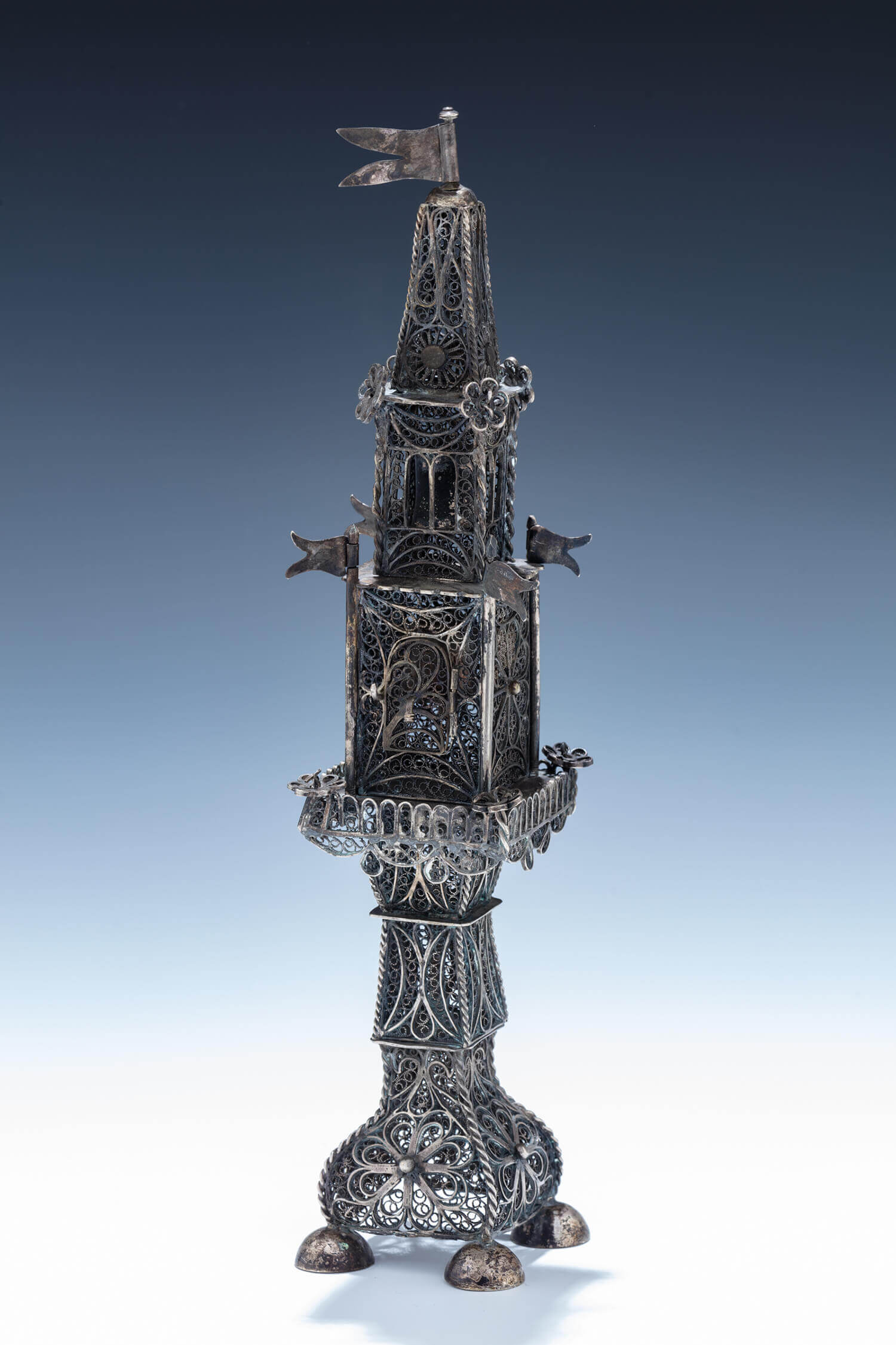 136. A LARGE SILVER FILIGREE SPICE TOWER