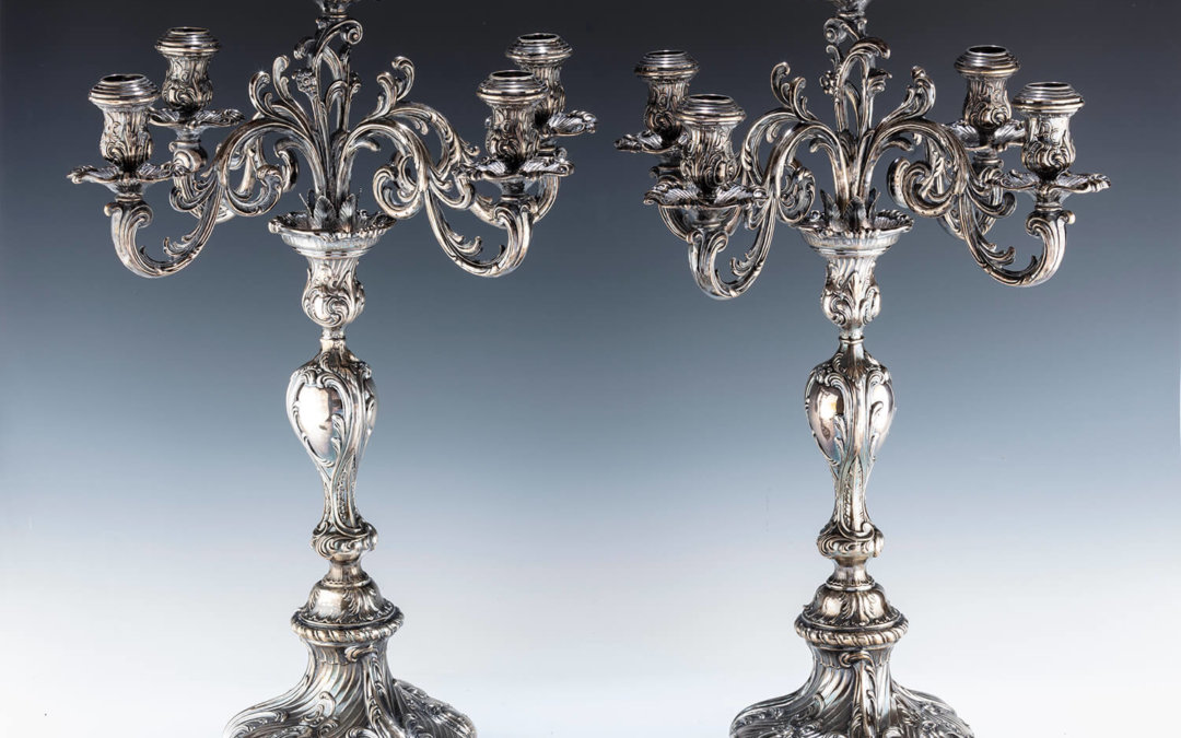 196. A PAIR OF LARGE SILVER CANDELABRAS
